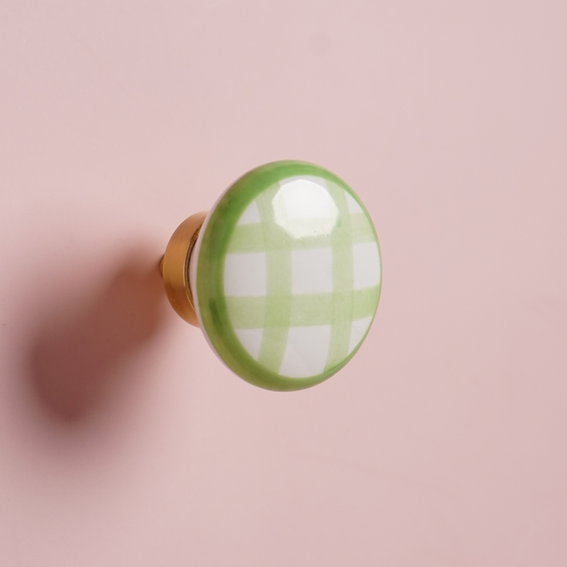 Vintage Checkered Ceramic Cabinet Pulls With Brass Finish 8