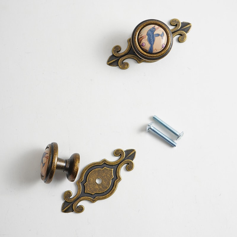 Vintage Ceramic Cabinet Knobs Bird Floral Drawer Pulls Set 3