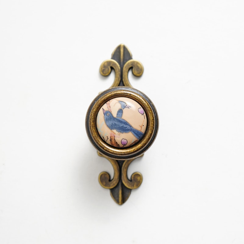 Vintage Ceramic Cabinet Knobs Bird Floral Drawer Pulls Set 4
