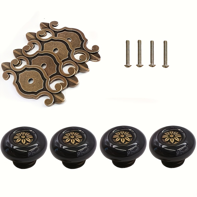 Vintage Floral Ceramic Cabinet Knobs with Antique Backplate