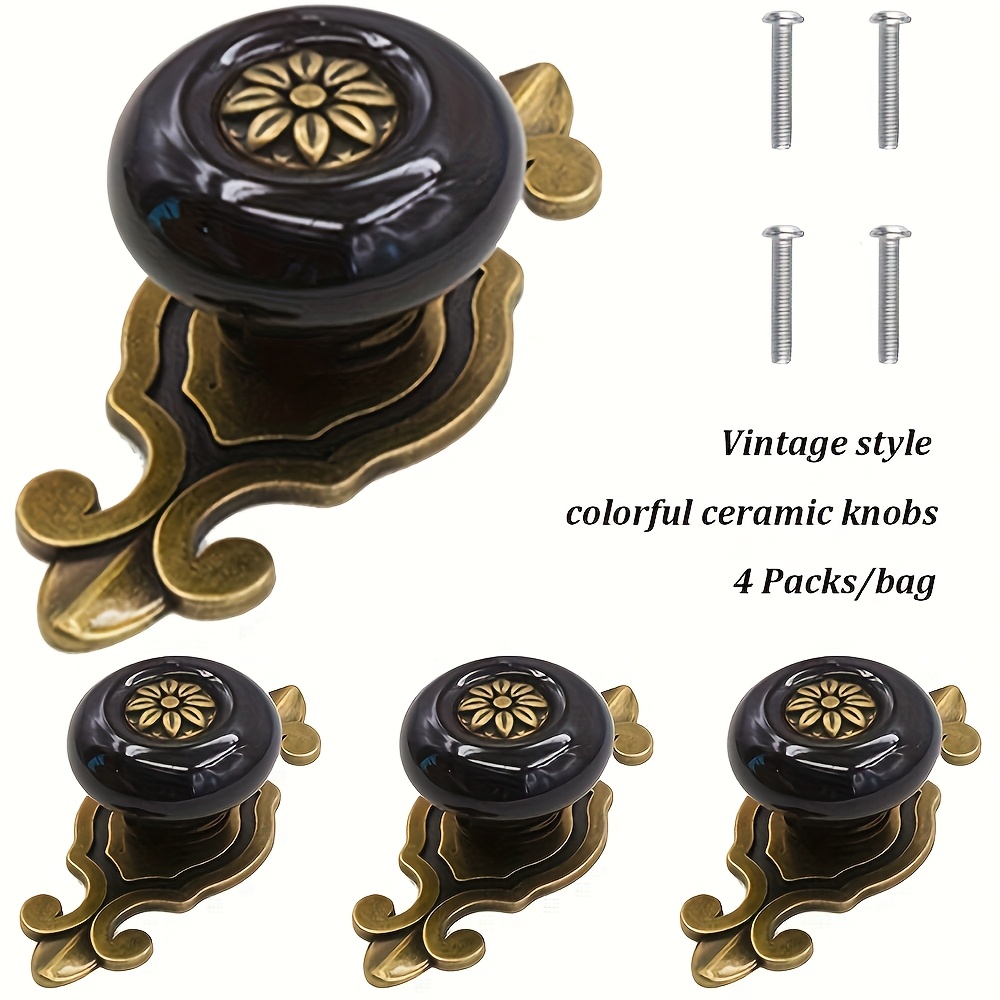Vintage Floral Ceramic Cabinet Knobs with Antique Backplate