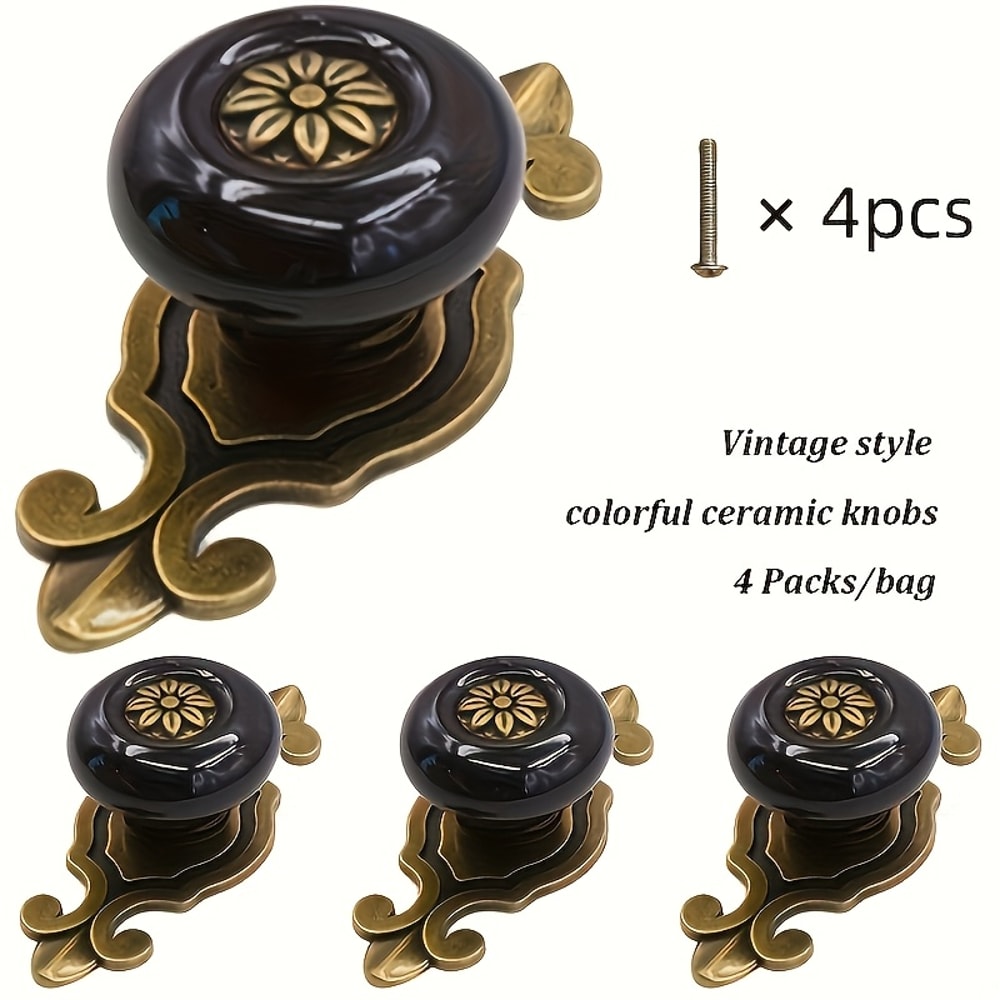 Vintage Floral Ceramic Cabinet Knobs with Antique Backplate