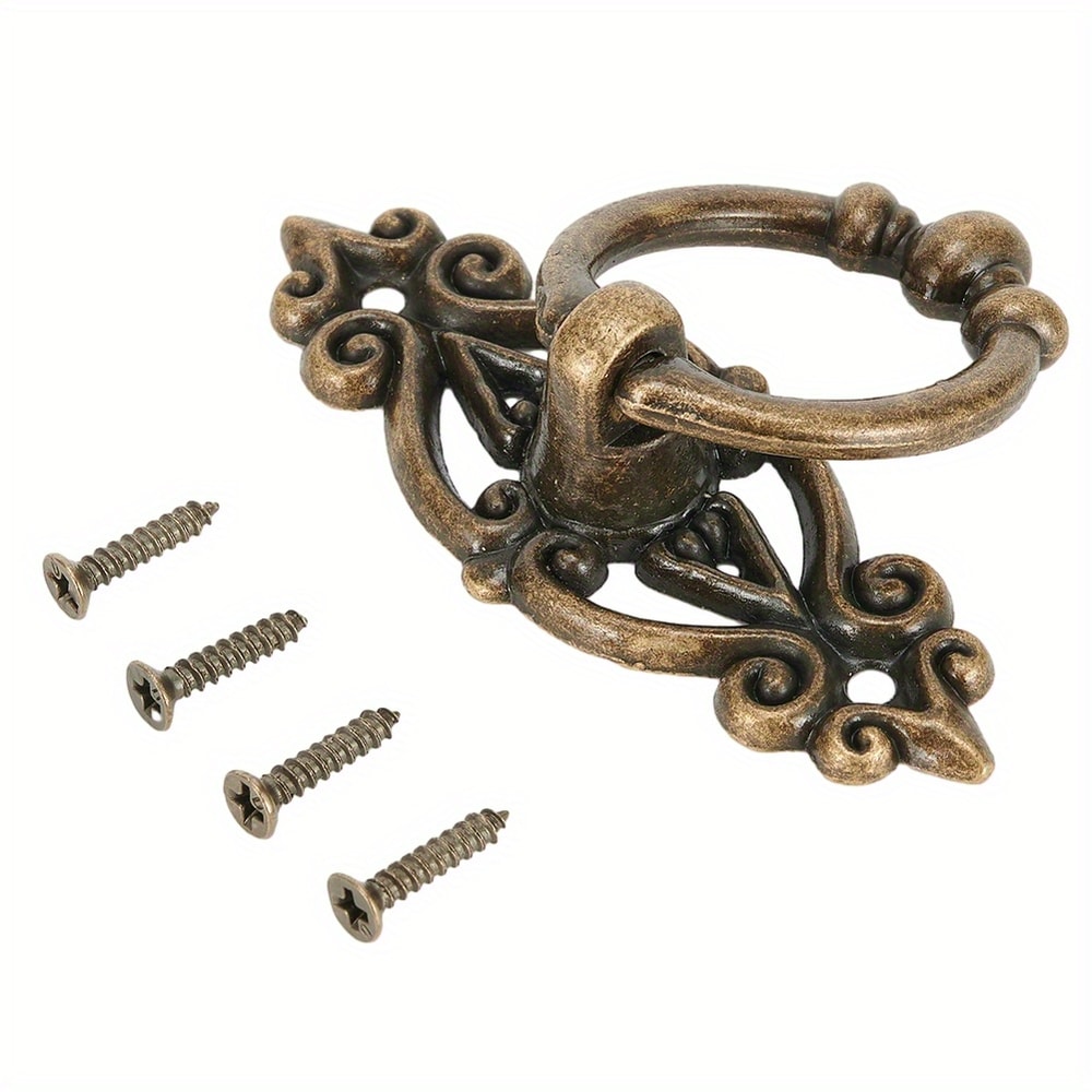 Vintage Cabinet Ring Pull Handles Set Antique Brass Drawer Hardware 2