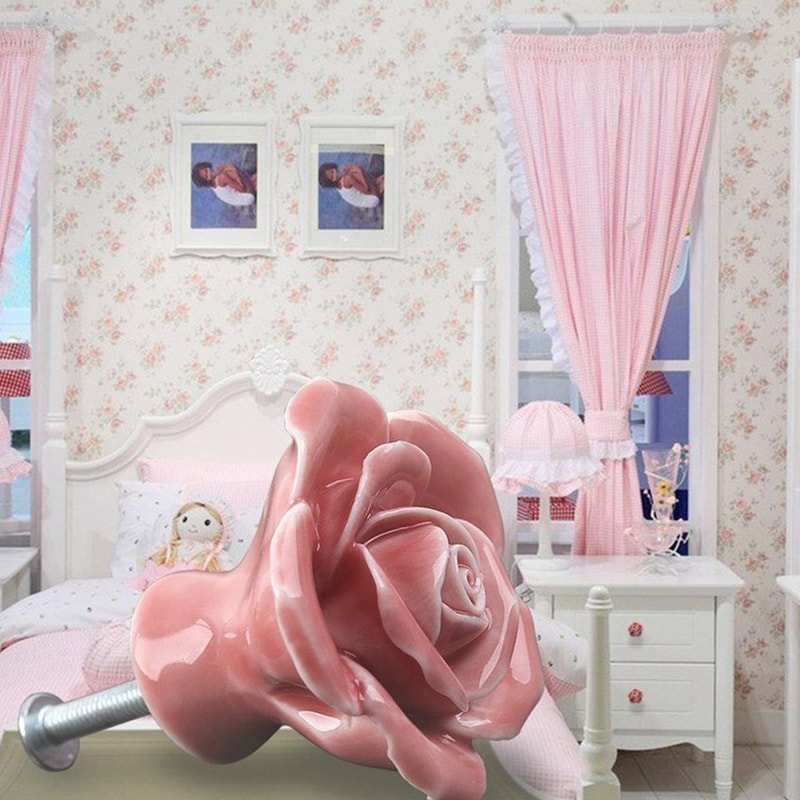 Pink Rose Ceramic Cabinet Knobs Set with Gold Accent