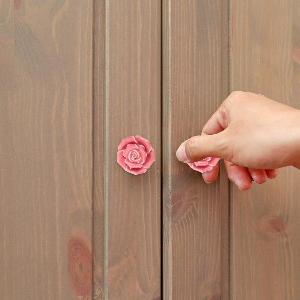 Pink Rose Ceramic Cabinet Knobs Set with Gold Accent