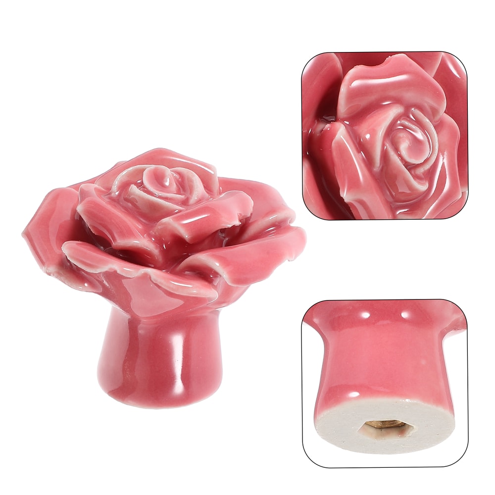Pink Rose Ceramic Cabinet Knobs Set with Gold Accent
