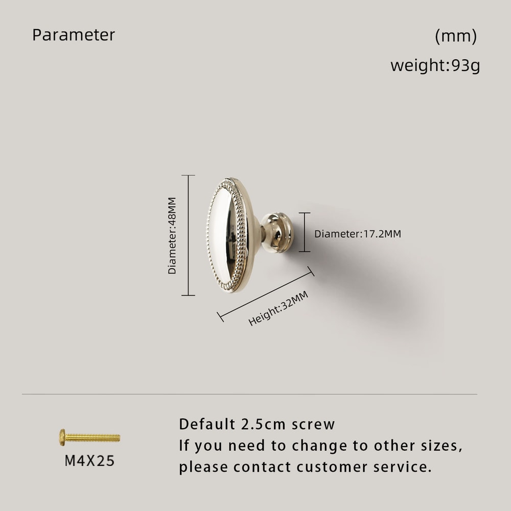 Bright Nickel Oval Brass Cabinet Knob with Beaded Edge