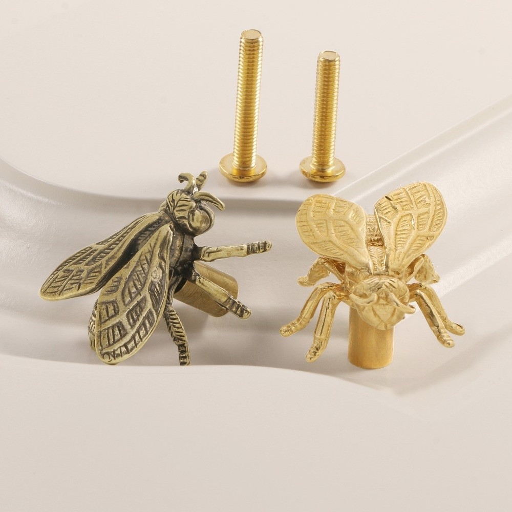 Vintage Bee Brass Cabinet Knob Antique Gold Single Hole Drawer Pull