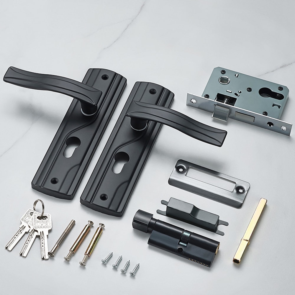 Black Door Handle Lock With Keys Silent Manganese Steel Lever Set 3