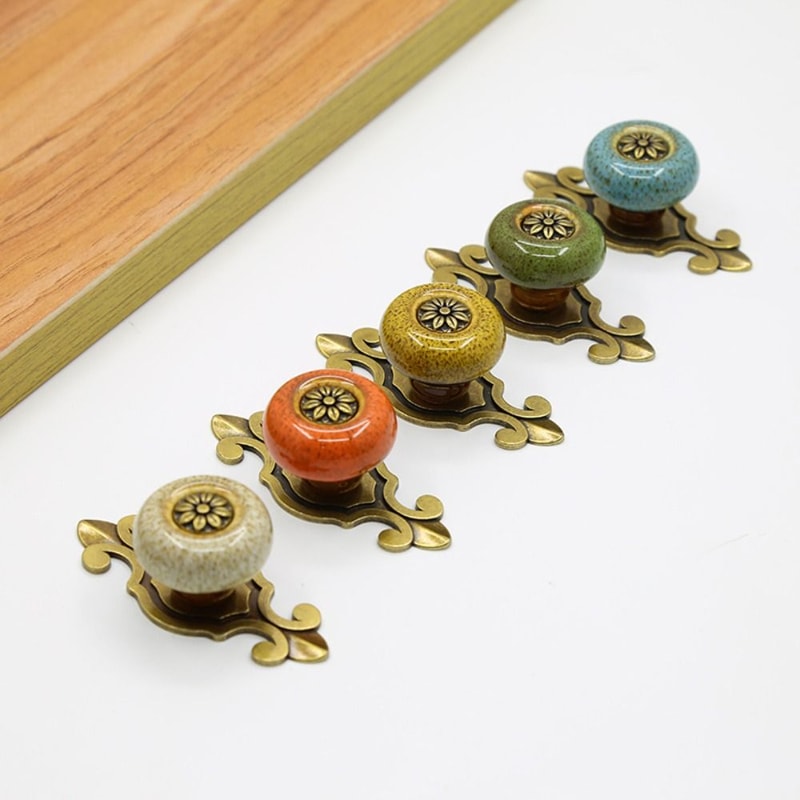 Vintage Floral Ceramic Cabinet Knobs With Antique Bronze Pull Handle 4