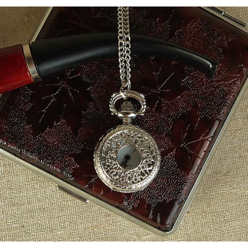 Vintage Pocket Watch Necklace for Women with Hollow Flower Pendant