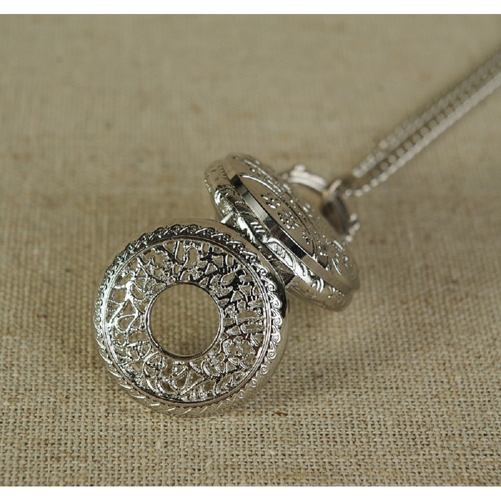 Vintage Pocket Watch Necklace for Women with Hollow Flower Pendant