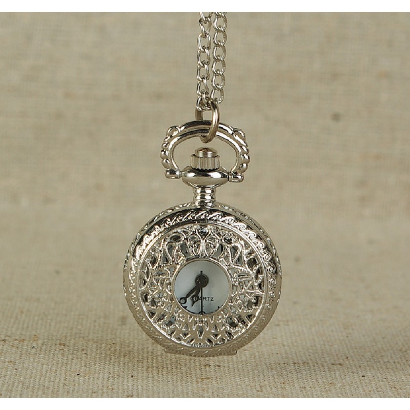 Vintage Pocket Watch Necklace for Women with Hollow Flower Pendant