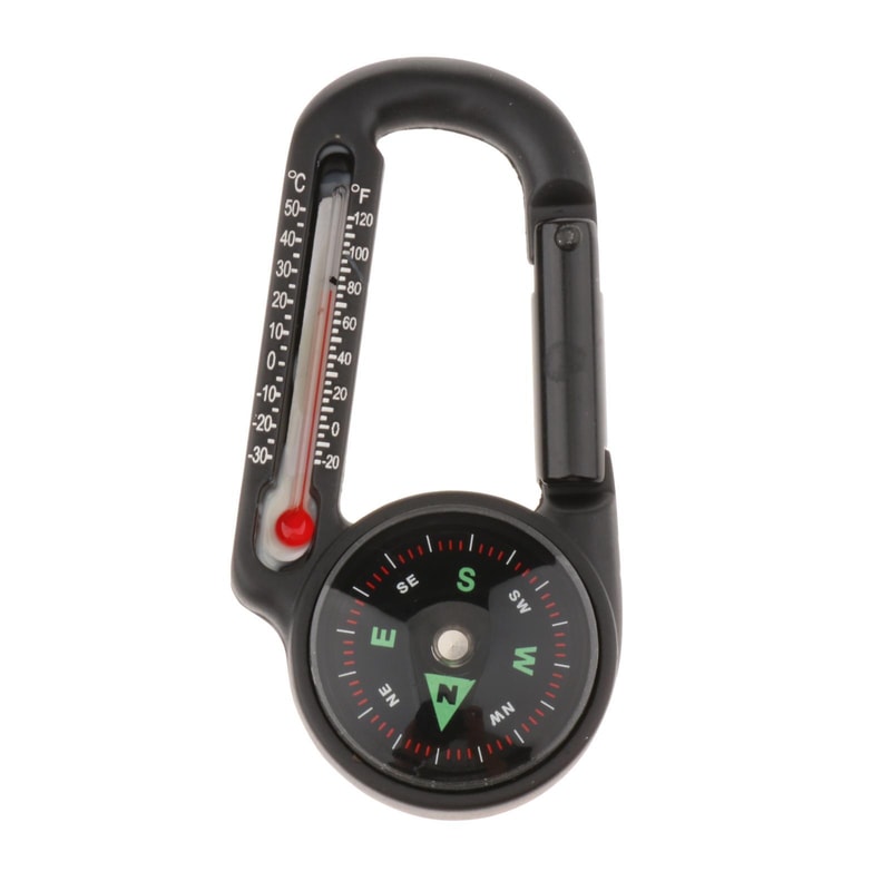 Mini Compass Thermometer Carabiner Keychain for Camping