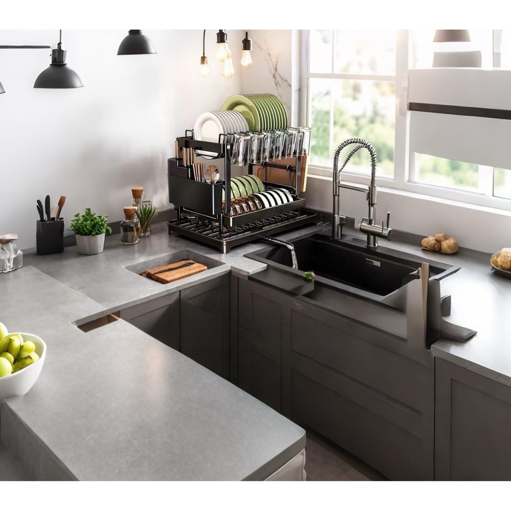 Heavy Duty Under Sink Storage Organizer with Drain Board Dish Drying Rack Clog Resistant Drain System