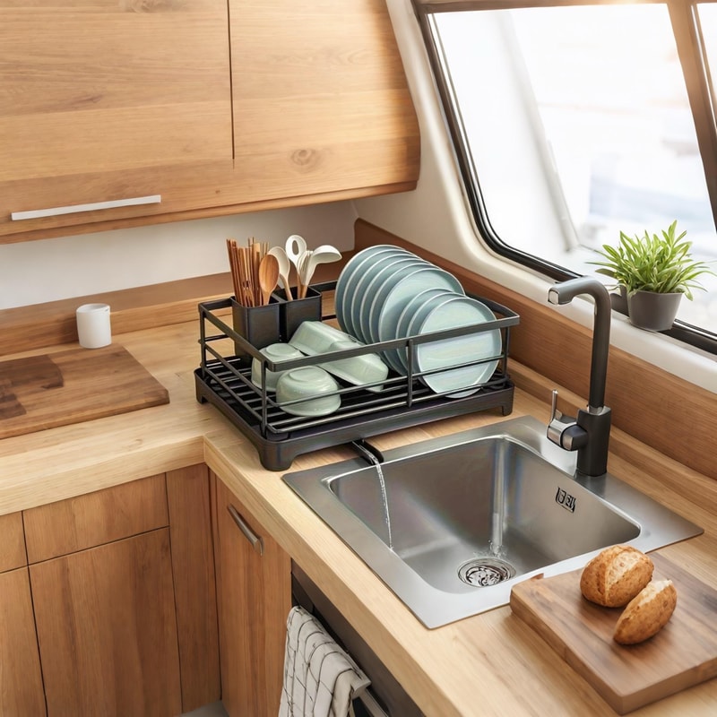 Heavy Duty Under Sink Storage Organizer with Drain Board Dish Drying Rack Clog Resistant Drain System