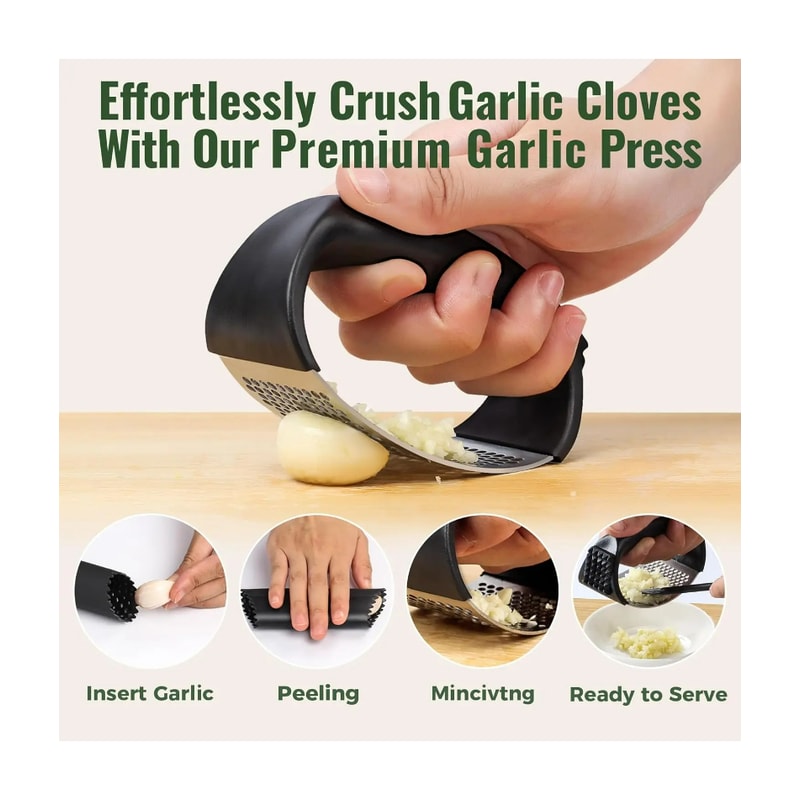 Stainless Steel Garlic Press Rocker Garlic Mincer Crusher with Peeler & Cleaning Brush