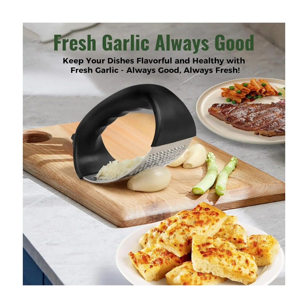 Stainless Steel Garlic Press Rocker Garlic Mincer Crusher with Peeler & Cleaning Brush