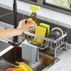 kitchen sink stainless steel organizer rack sponge holder, faucet storage & drain shelf