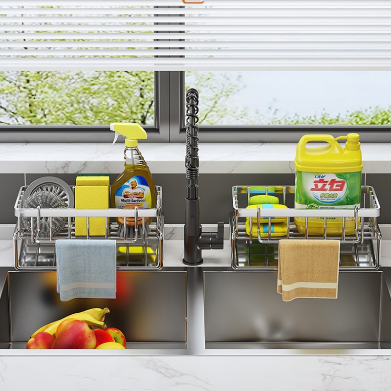 Kitchen Sink Stainless Steel Organizer Rack Sponge Holder Faucet Storage Drain Shelf 1