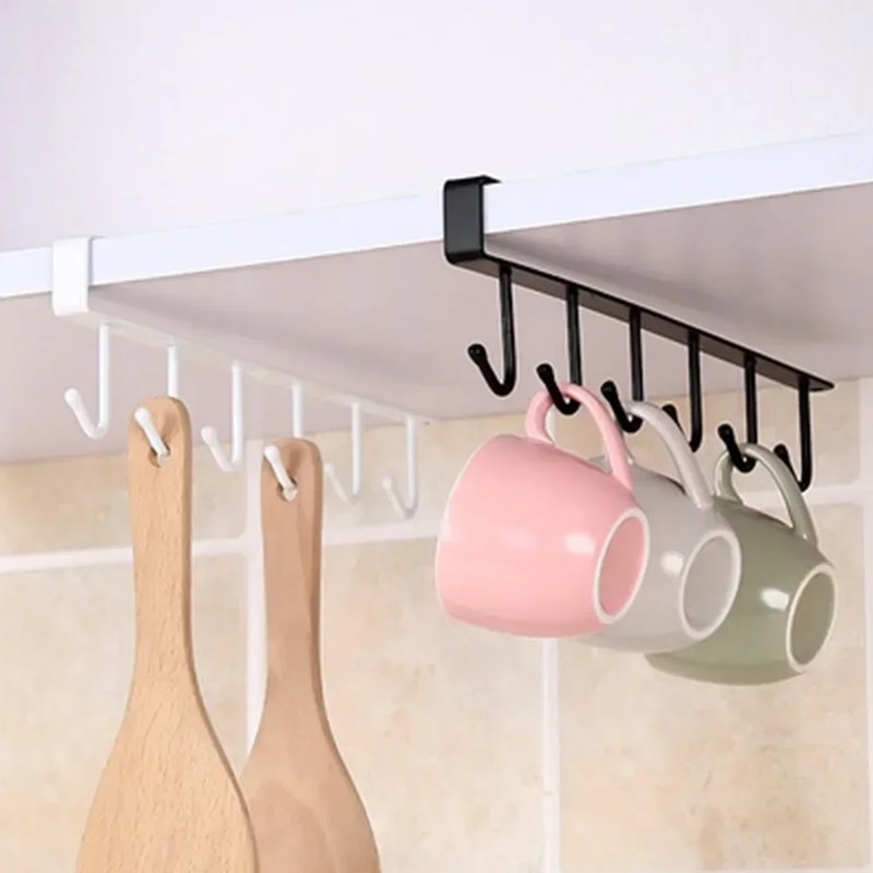 Under Shelf Storage Rack With Metal Hooks Kitchen Cabinet Organizer Wardrobe Storage Solution 0