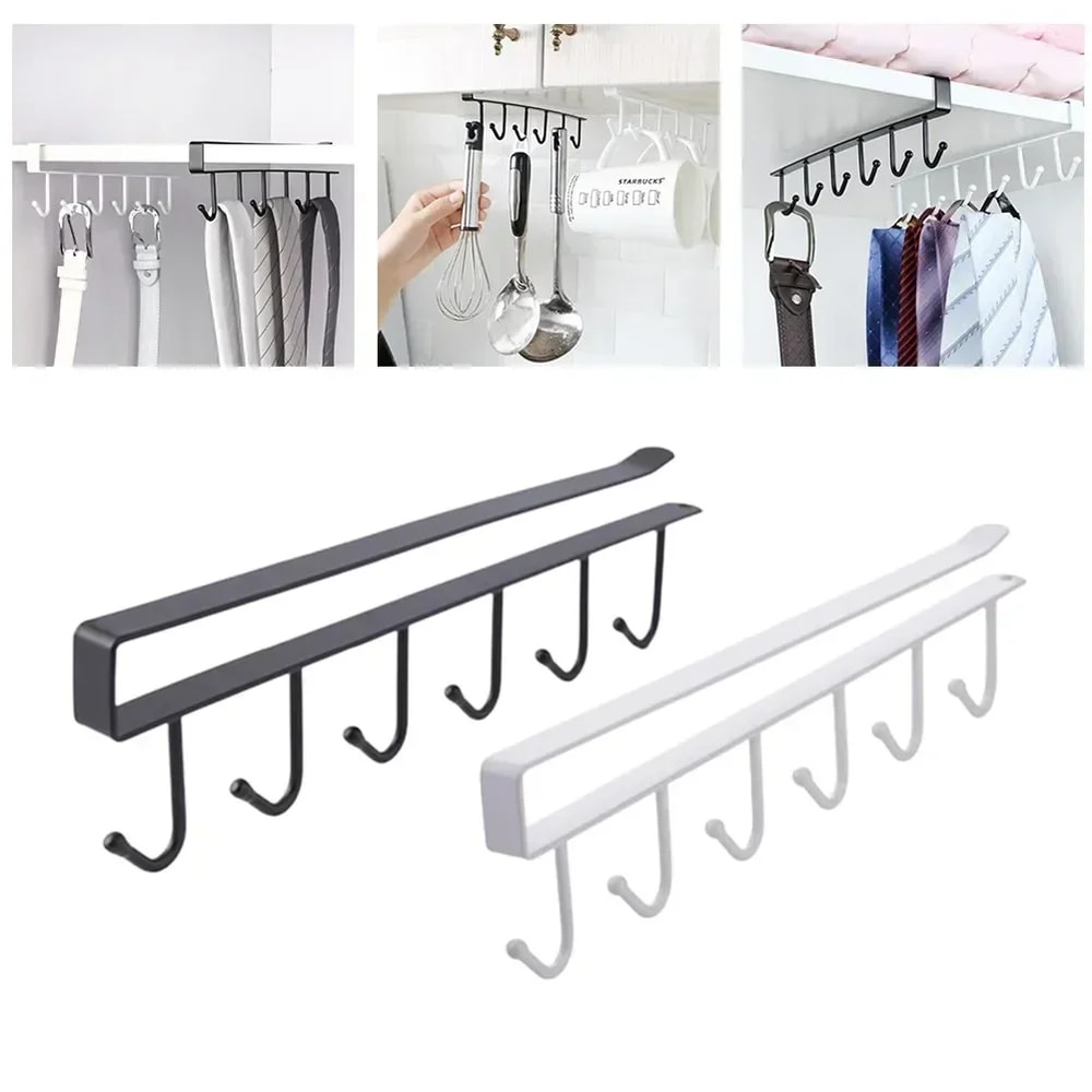 Under Shelf Storage Rack With Metal Hooks Kitchen Cabinet Organizer Wardrobe Storage Solution 2