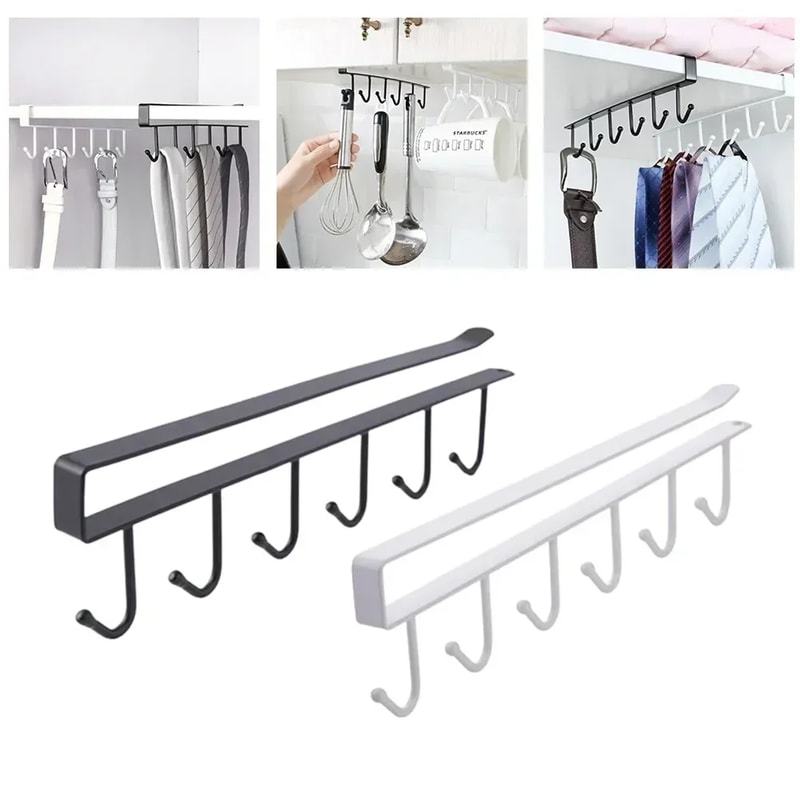 Under Shelf Storage Rack With Metal Hooks Kitchen Cabinet Organizer Wardrobe Storage Solution 2