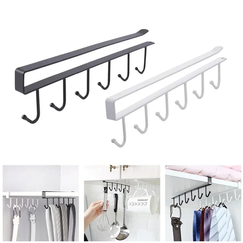 Under Shelf Storage Rack With Metal Hooks Kitchen Cabinet Organizer Wardrobe Storage Solution 4