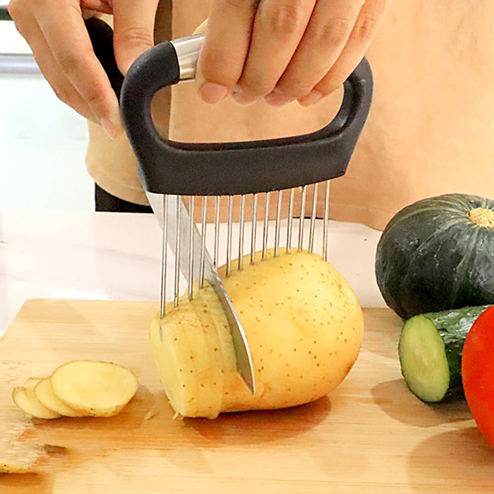 Stainless Steel Onion Cutter Holder Vegetable Slicer, Tomato & Potato Cutting Fork Kitchen Tool