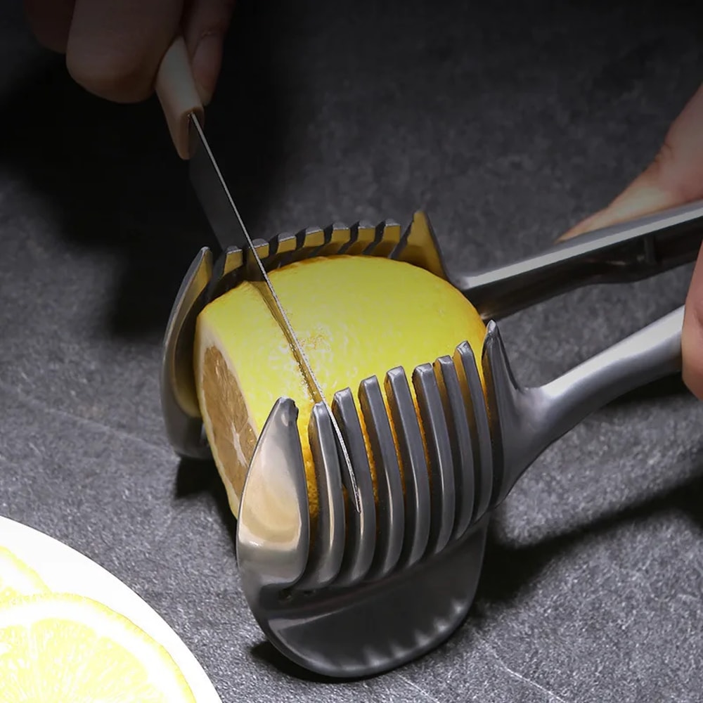 Stainless Steel Fruit Slicer Clip Safe Lemon Slicer Tool & Onion Holder Cutter for Quick Prep