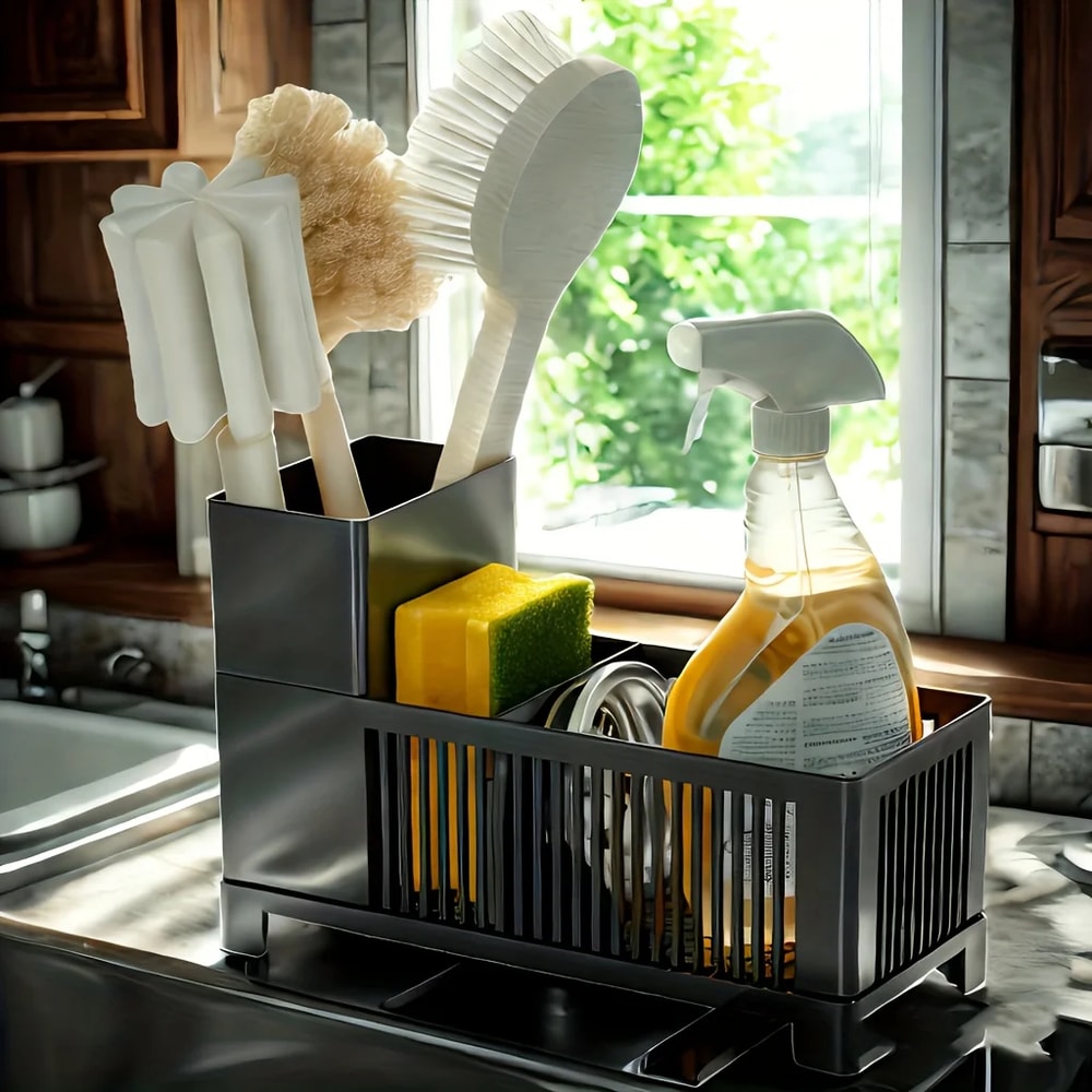 Kitchen Drain Rack for Utensils & Cleaning Tools Space Saving Drying Basket for Sponges & Brushes