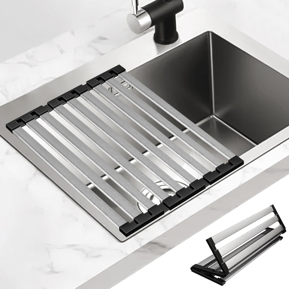 Premium Foldable Kitchen Sink Drain Rack Stainless Steel Sink Organizer Retractable Dish Basket 0