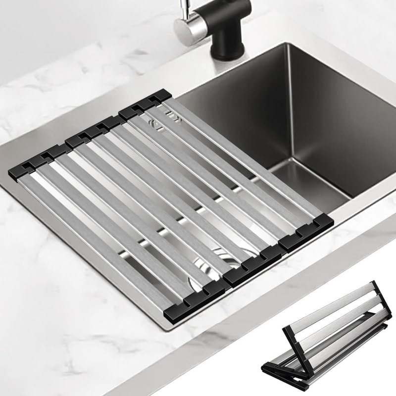 Premium Foldable Kitchen Sink Drain Rack Stainless Steel Sink Organizer Retractable Dish Basket 0