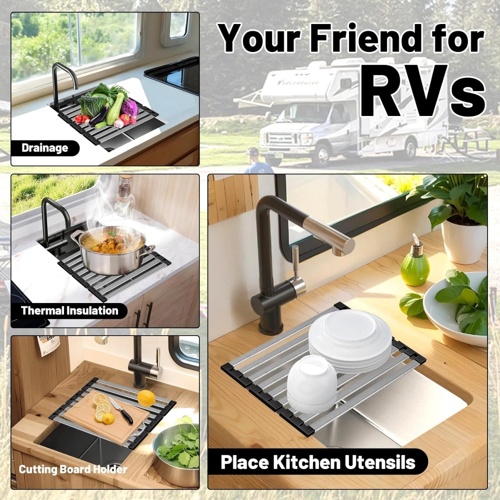 Premium Foldable Kitchen Sink Drain Rack Stainless Steel Sink Organizer Retractable Dish Basket 4