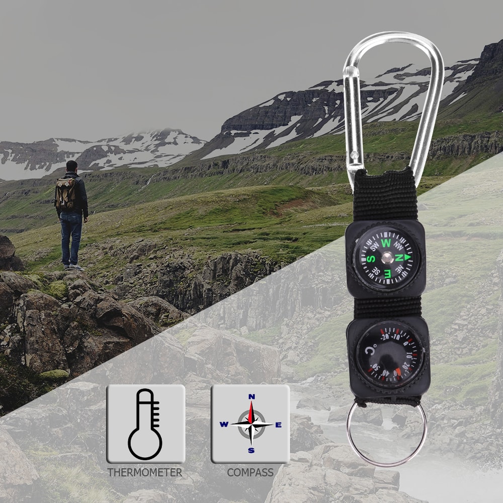 Carabiner Compass Thermometer Compact Outdoor Hiking Camping Survival Tool 1