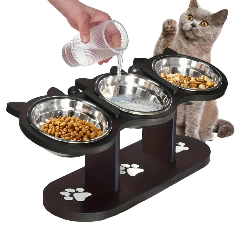 Elevated Cat Bowl with Black Wooden Stand Stainless Steel Sloped Feeder