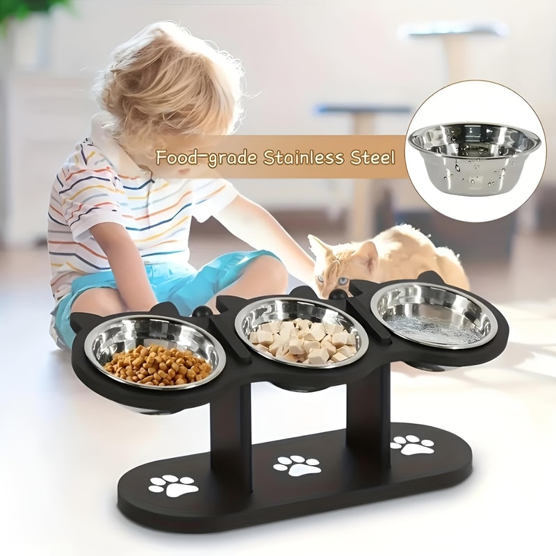 Elevated Cat Bowl with Black Wooden Stand Stainless Steel Sloped Feeder