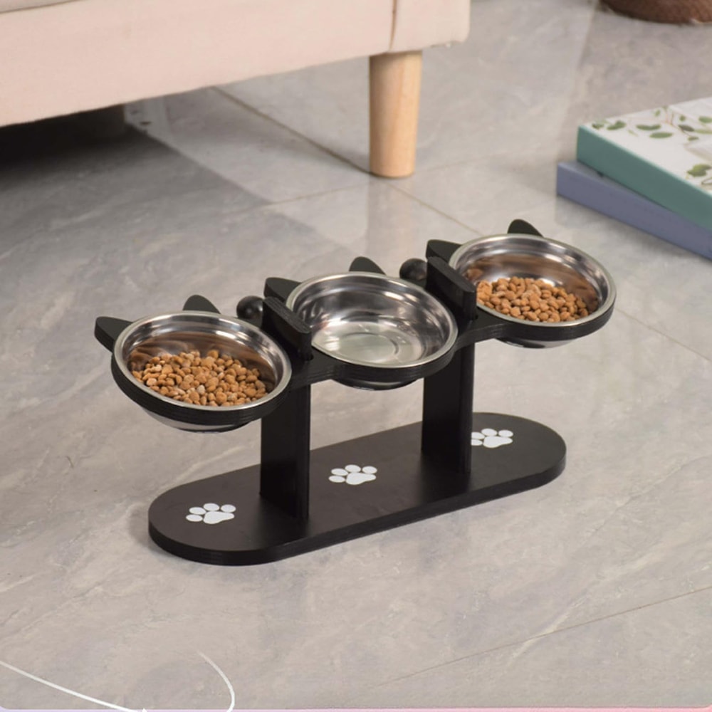 Elevated Cat Bowl with Black Wooden Stand Stainless Steel Sloped Feeder