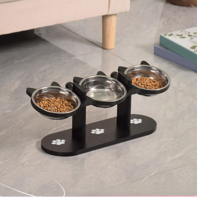 Elevated Cat Bowl with Black Wooden Stand Stainless Steel Sloped Feeder