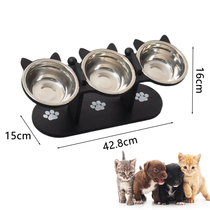 Elevated Cat Bowl with Black Wooden Stand Stainless Steel Sloped Feeder