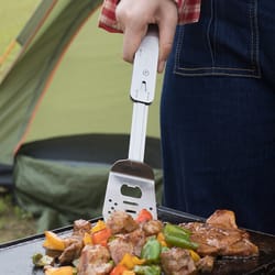 mini bbq tool set with spatula, fork, tongs & bottle opener for outdoor cooking