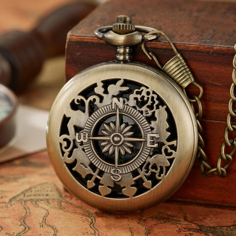 Retro Hollow Pocket Watch Compass For Men With Chain 0