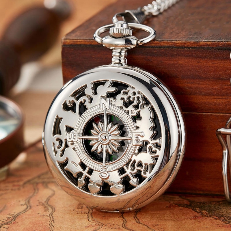 Retro Hollow Pocket Watch Compass For Men With Chain 2