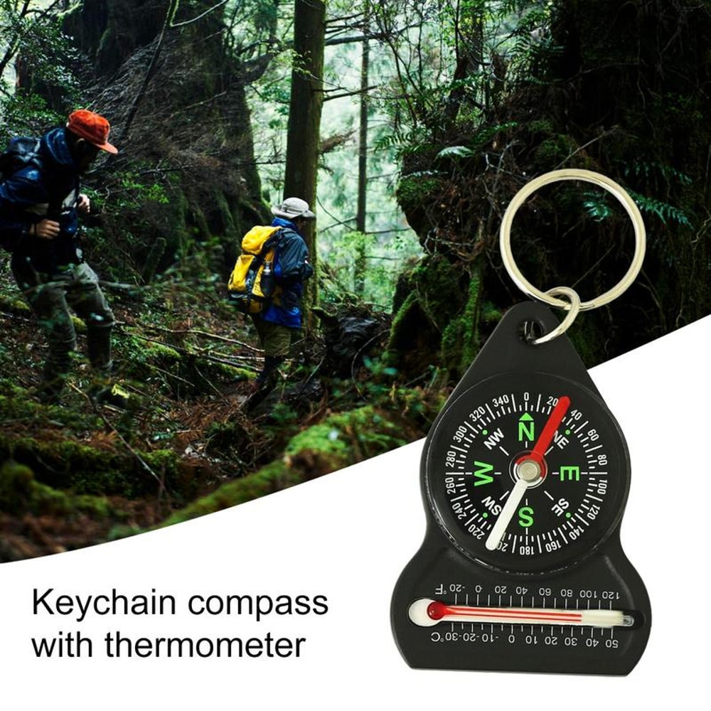 Mini Survival Compass Thermometer Portable Outdoor Hiking Compass Keychain