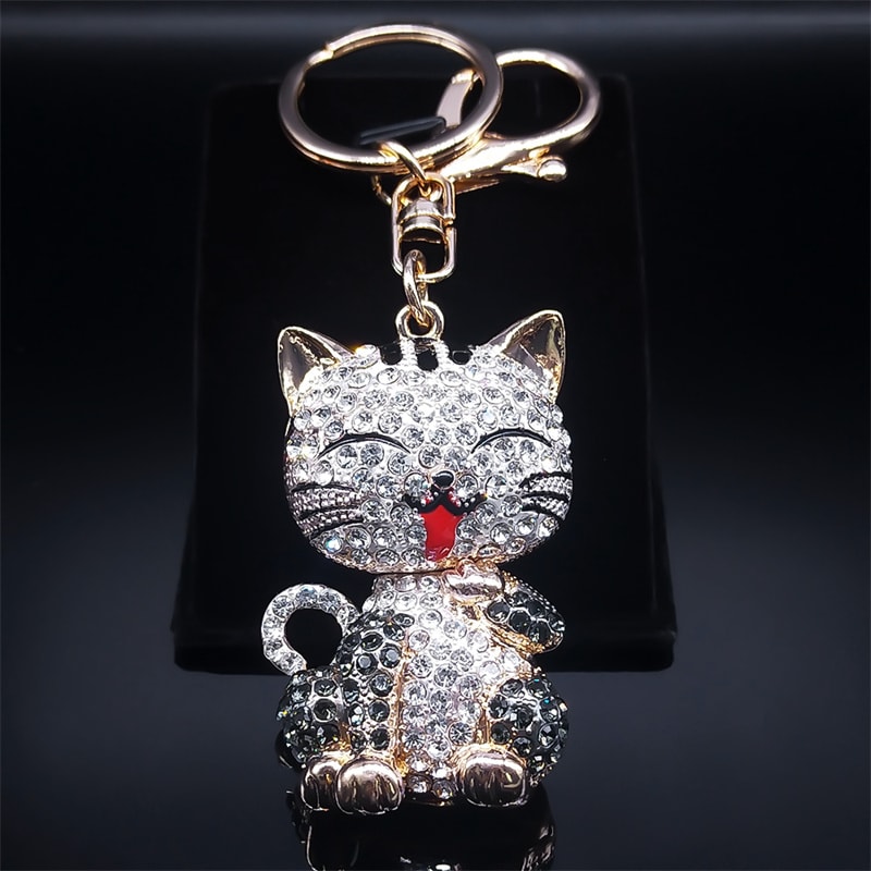 Cute Cartoon Cat Rhinestone Keychain Fashion Jewelry Gift For Women 0