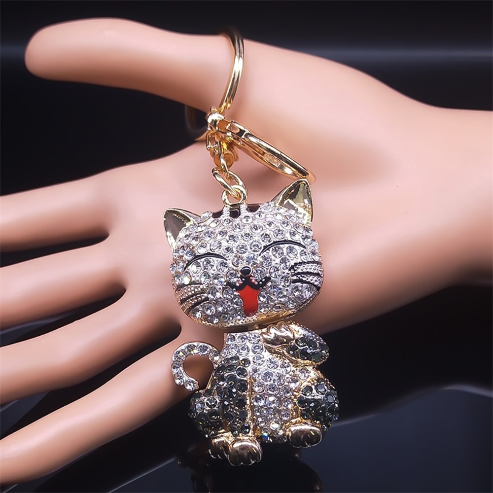 Cute Cartoon Cat Rhinestone Keychain Fashion Jewelry Gift For Women 4