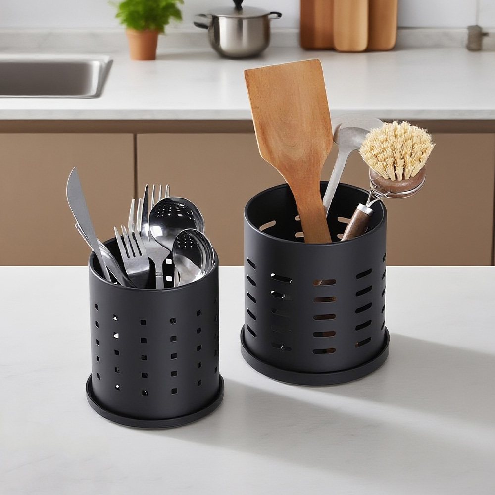 Premium Black Stainless Steel Cutlery Holder Large Kitchen Utensil Organizer For Knives Forks Chop 0