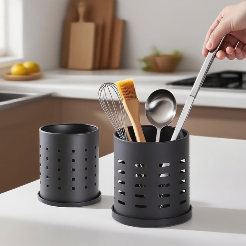 Premium Black Stainless Steel Cutlery Holder Large Kitchen Utensil Organizer For Knives Forks Chop 1