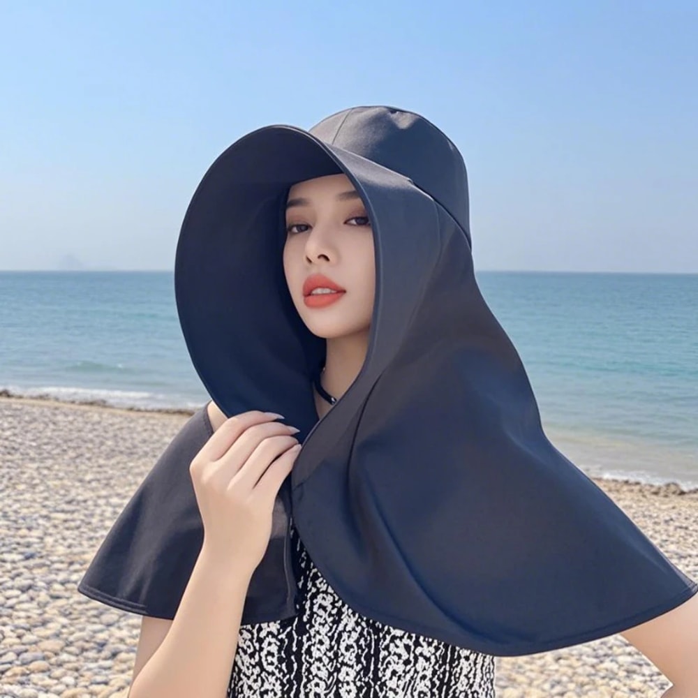 Womens Wide Brim Sun Hat With Neck Flap And Ponytail Hole 7