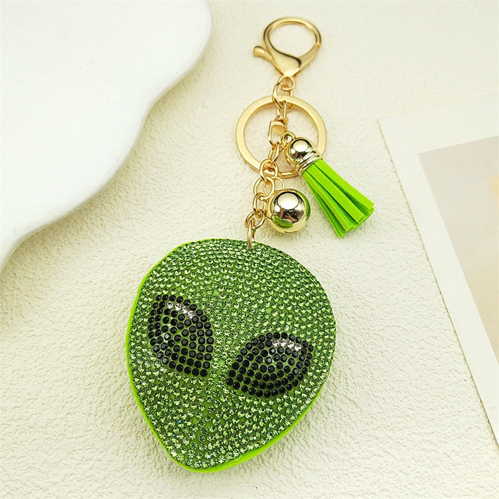 Alien Crystal Keychain with Green Tassel Bag Charm